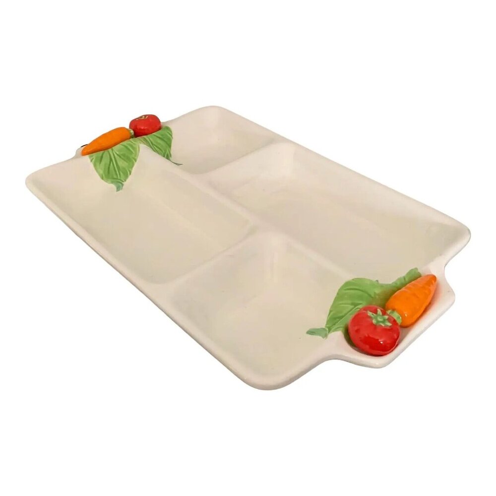 Vintage Japanese 4-Section Ceramic Serving Tray With Carrot Handles